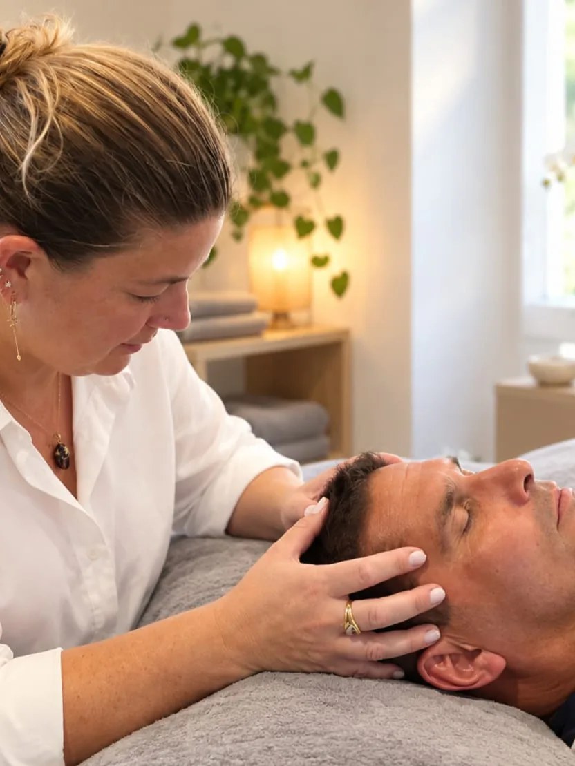 Laure Simon pose délicatement les mains sur la tête d'un patient allongé