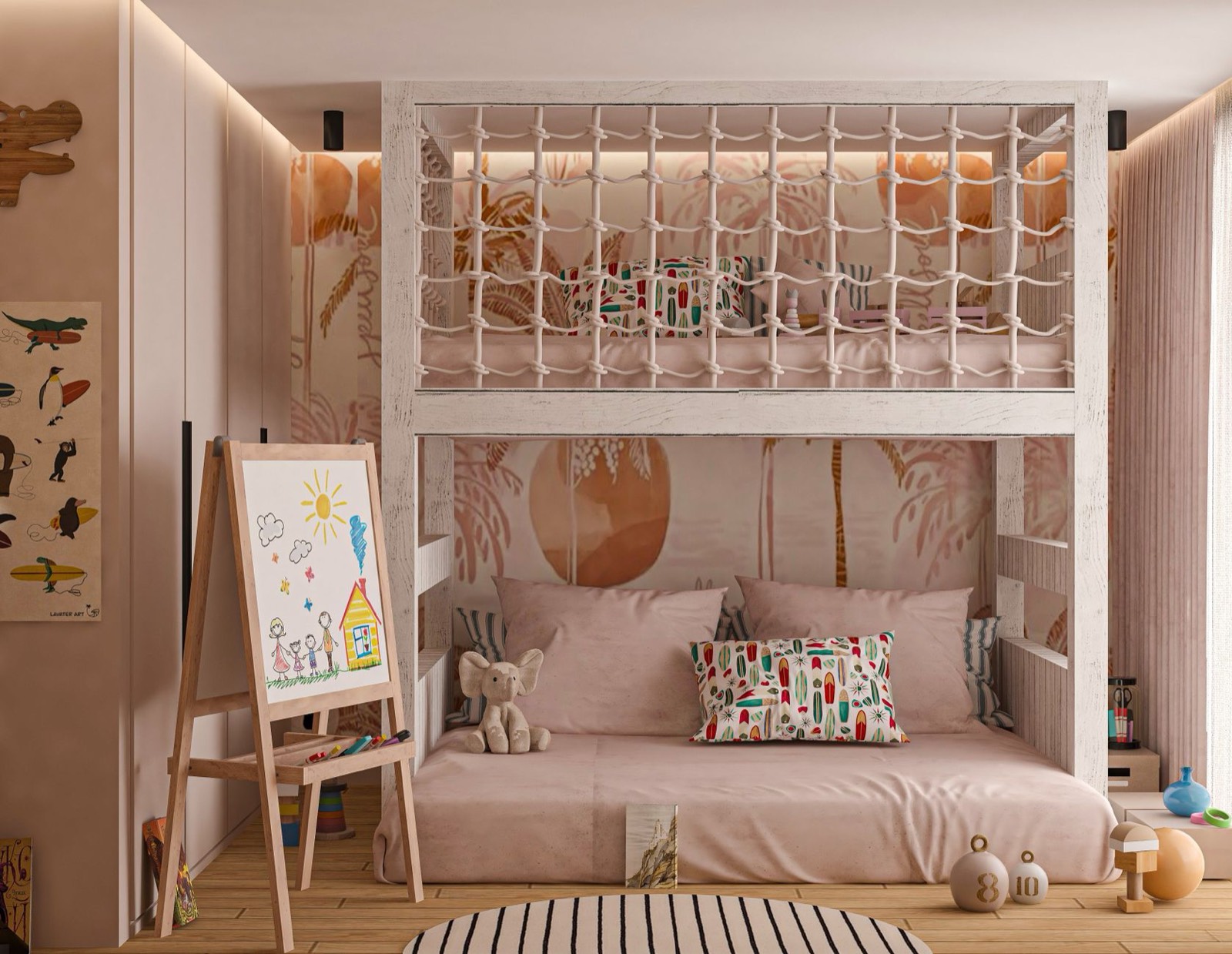 Chambre d'enfant avec mur en papier peint fibres naturelles, lin et jute